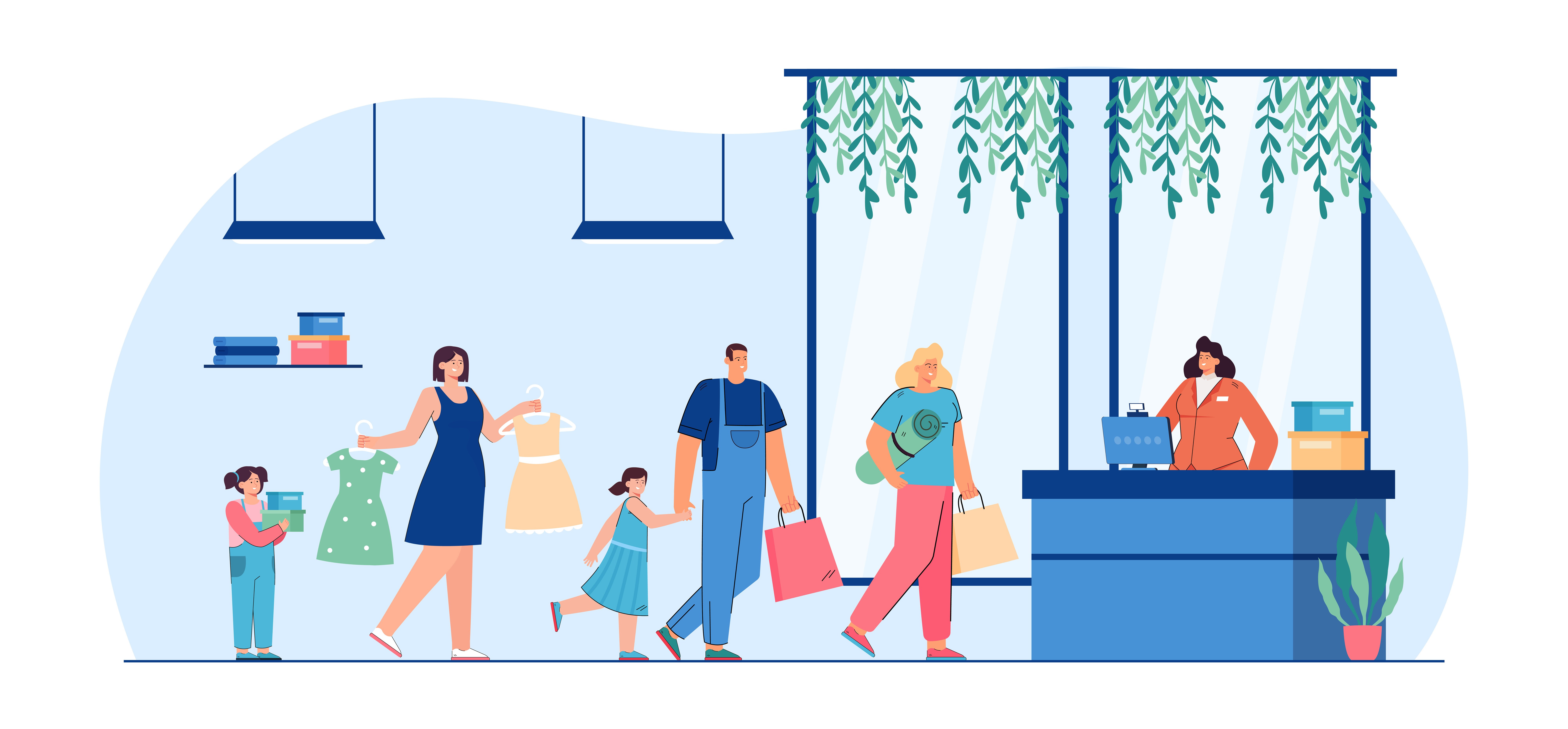 Customer standing in line in shop flat vector illustration